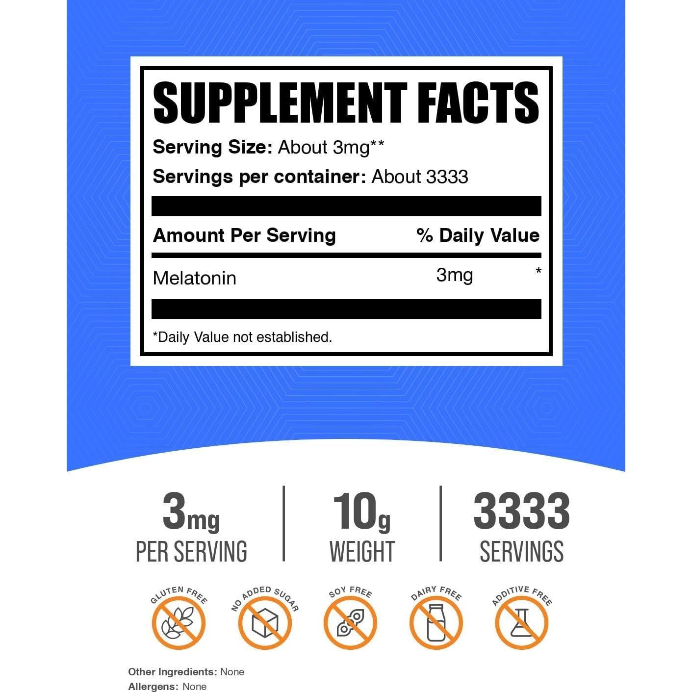 Polvo de Melatonina BulkSupplements 3mg 10g Vegano Sin Gluten