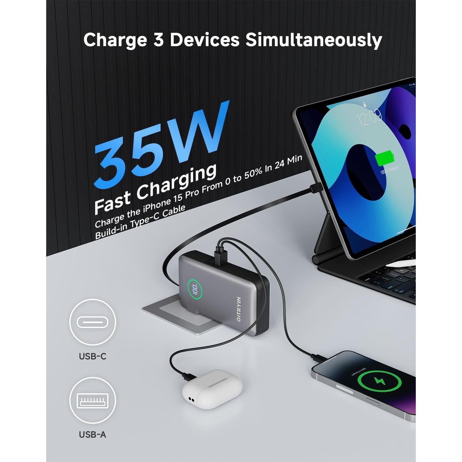 Banco de Energía 10000mAh Gitryin Type-C 12 en 1 Carga Rápida