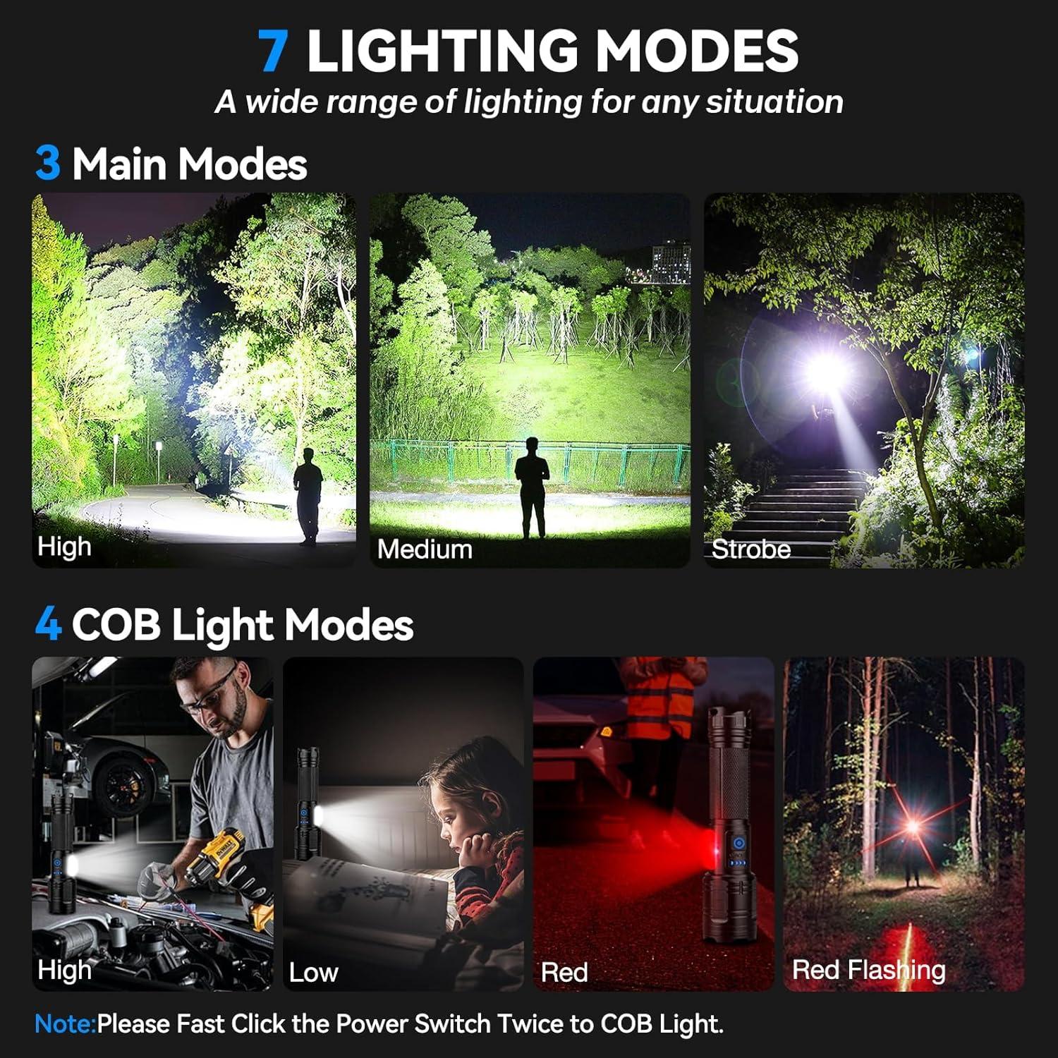 Linterna Recargable ALSTU 99,000 Lúmenes - 2 Paquete LED 7 Modos