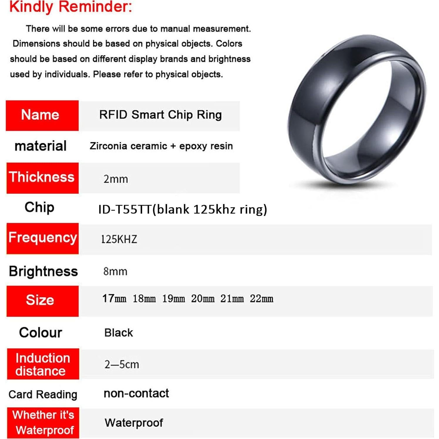 Anillo inteligente RFID T5577 Hecere 18mm Cerámica Negra