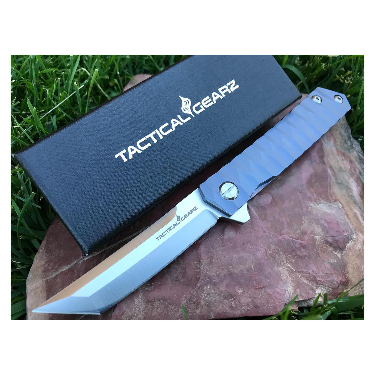Titanium Pocket Folding Knife for EDC, Solid Tc4 Titanium Handle, CPM-D2 Steel Tanto Blade, Includes Sheath (Saint Midnight Blue)
