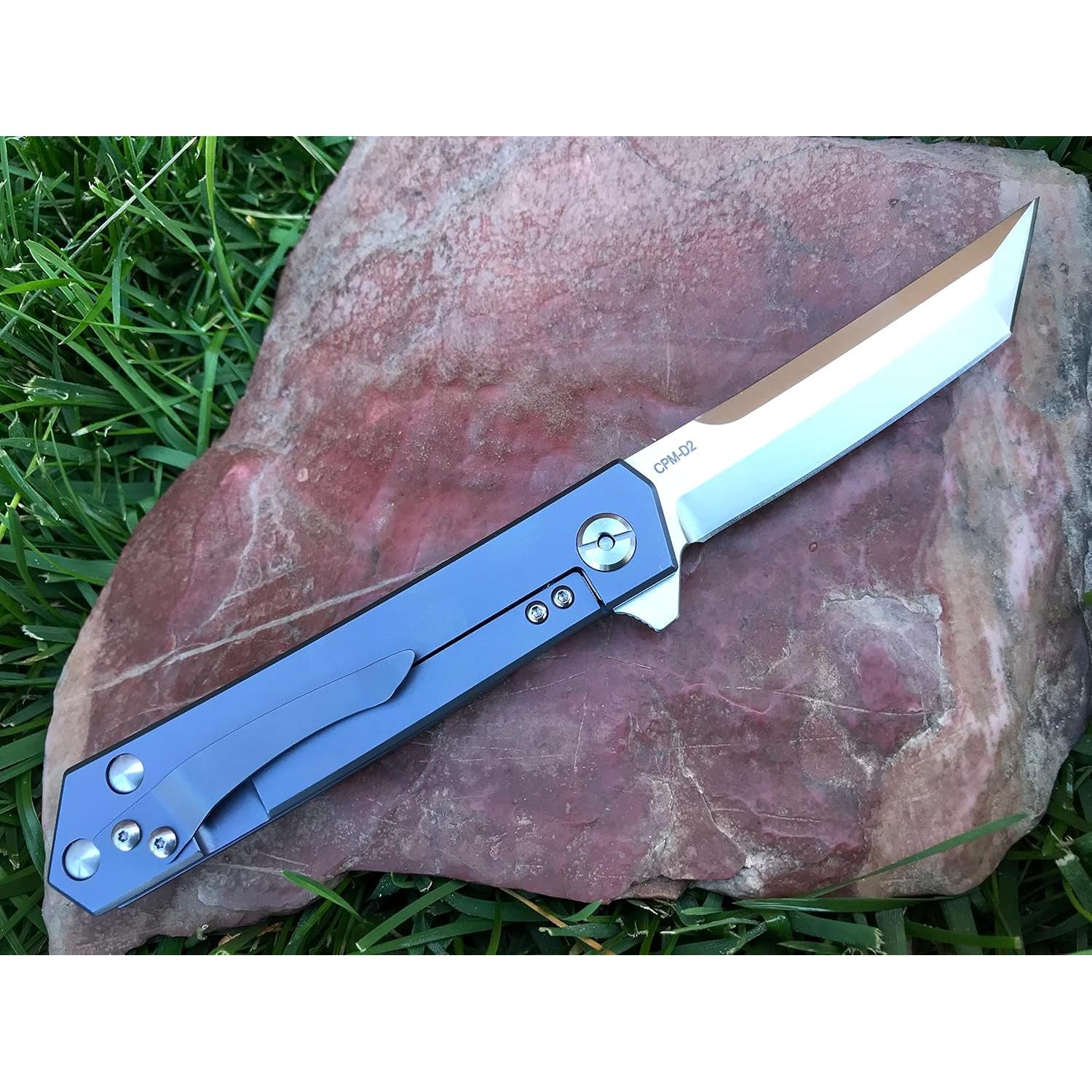 Titanium Pocket Folding Knife for EDC, Solid Tc4 Titanium Handle, CPM-D2 Steel Tanto Blade, Includes Sheath (Saint Midnight Blue)