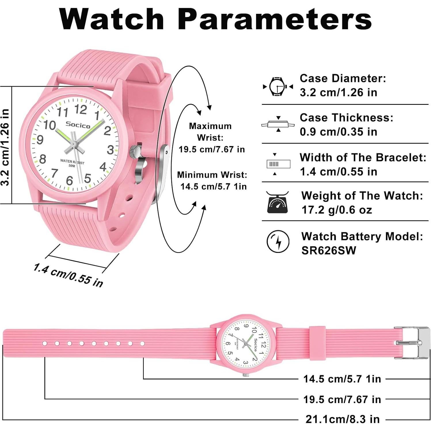 Reloj Analógico SOCICO para Niños Rosa 50M Impermeable
