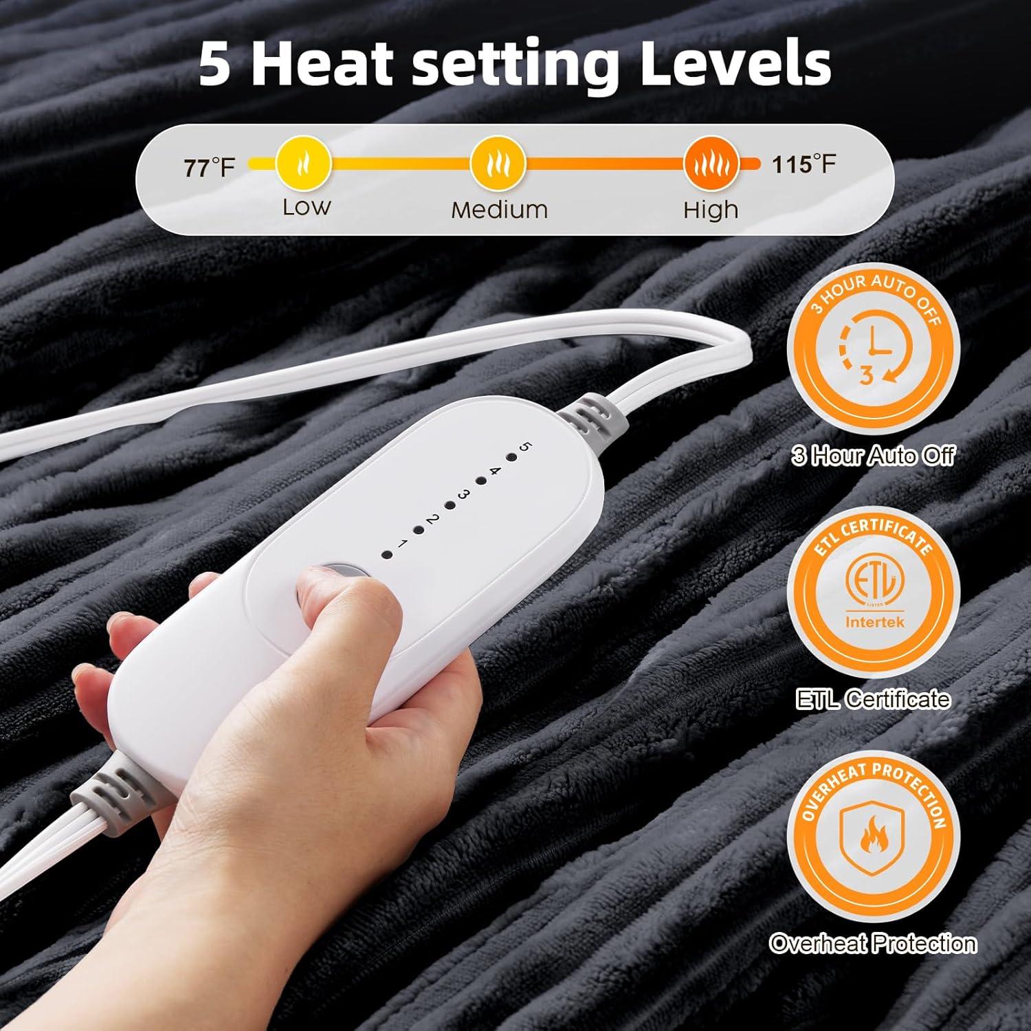 Manta Eléctrica HYLEORY 127x152cm Gris Profundo 5 Niveles Calor