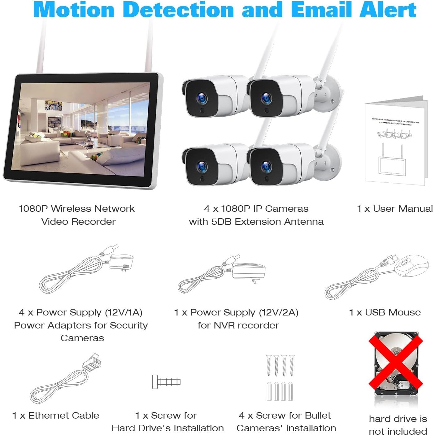 Sistema de Cámara de Seguridad Inalámbrica Genérico 4Cámaras + Monitor 12"
