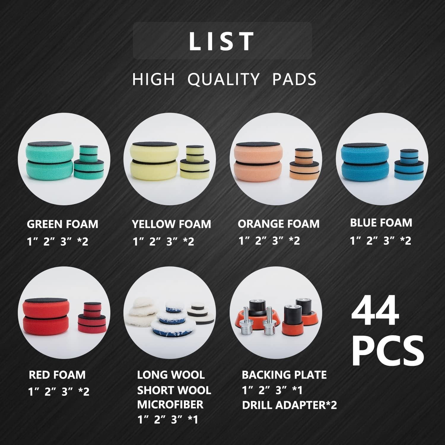 Kit de Pulido de Espuma 44 Piezas CAR ROAD - 1" 2" 3"