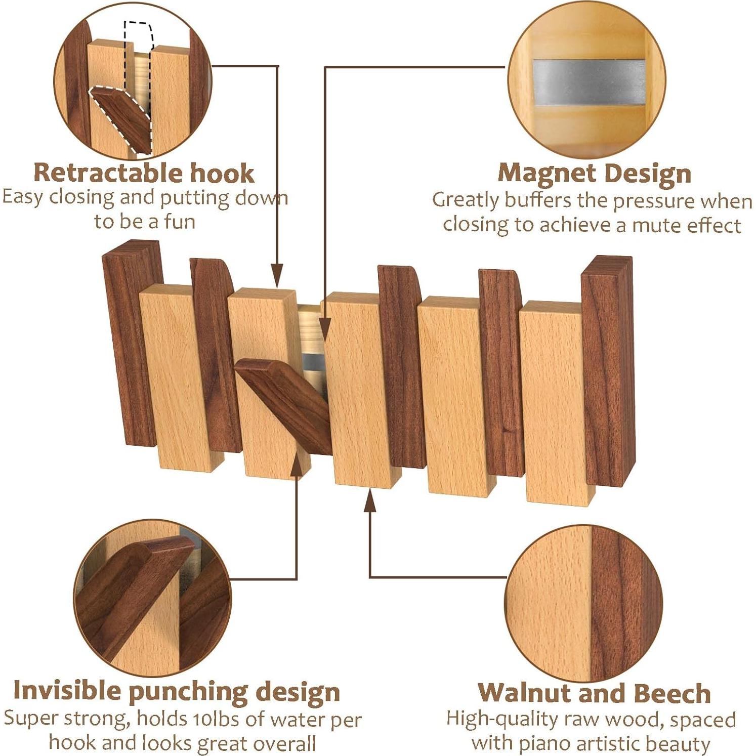 Perchero de Pared OLETNY de Madera con 4 Ganchos Plegables