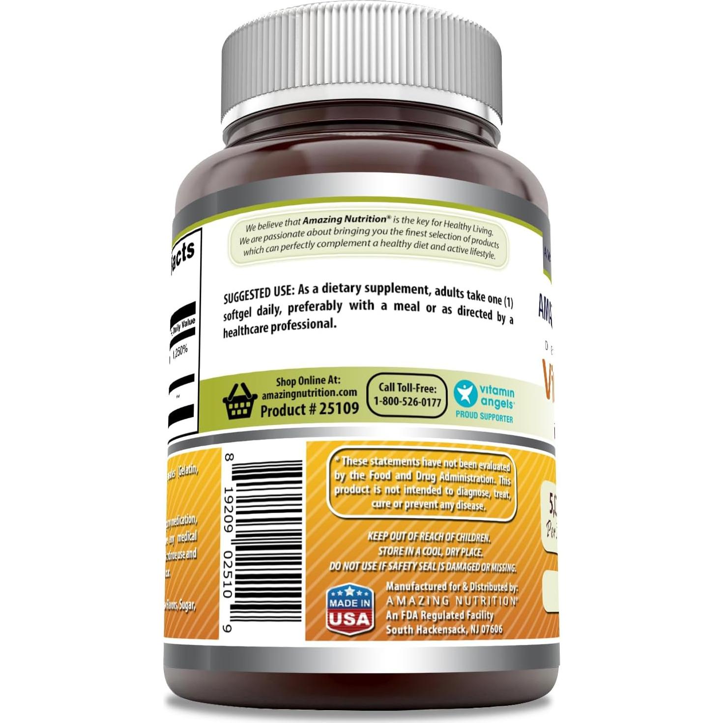 Suplemento de Vitamina D3 5000 UI Nutrición Asombrosa 180 Gelatinas