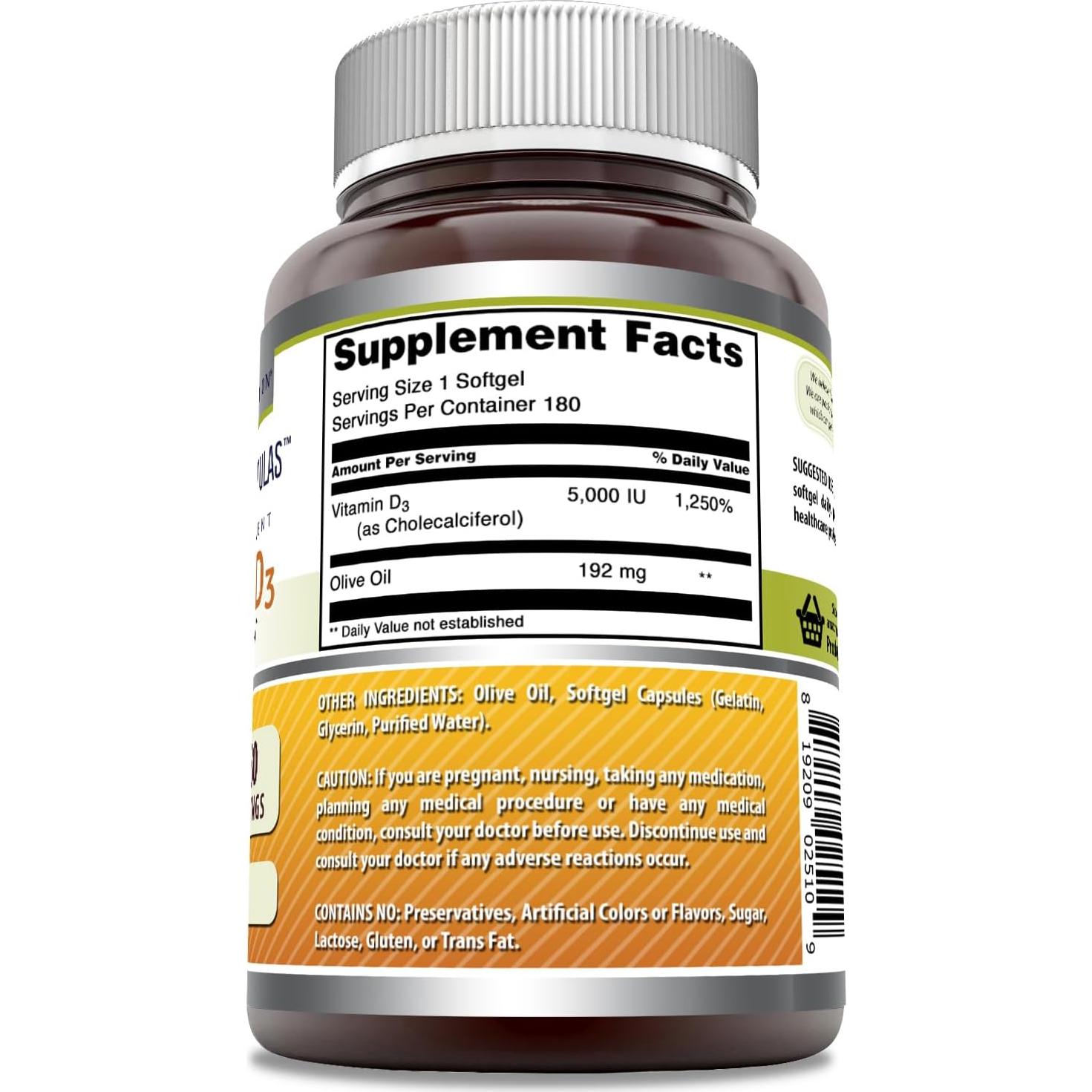 Suplemento de Vitamina D3 5000 UI Nutrición Asombrosa 180 Gelatinas