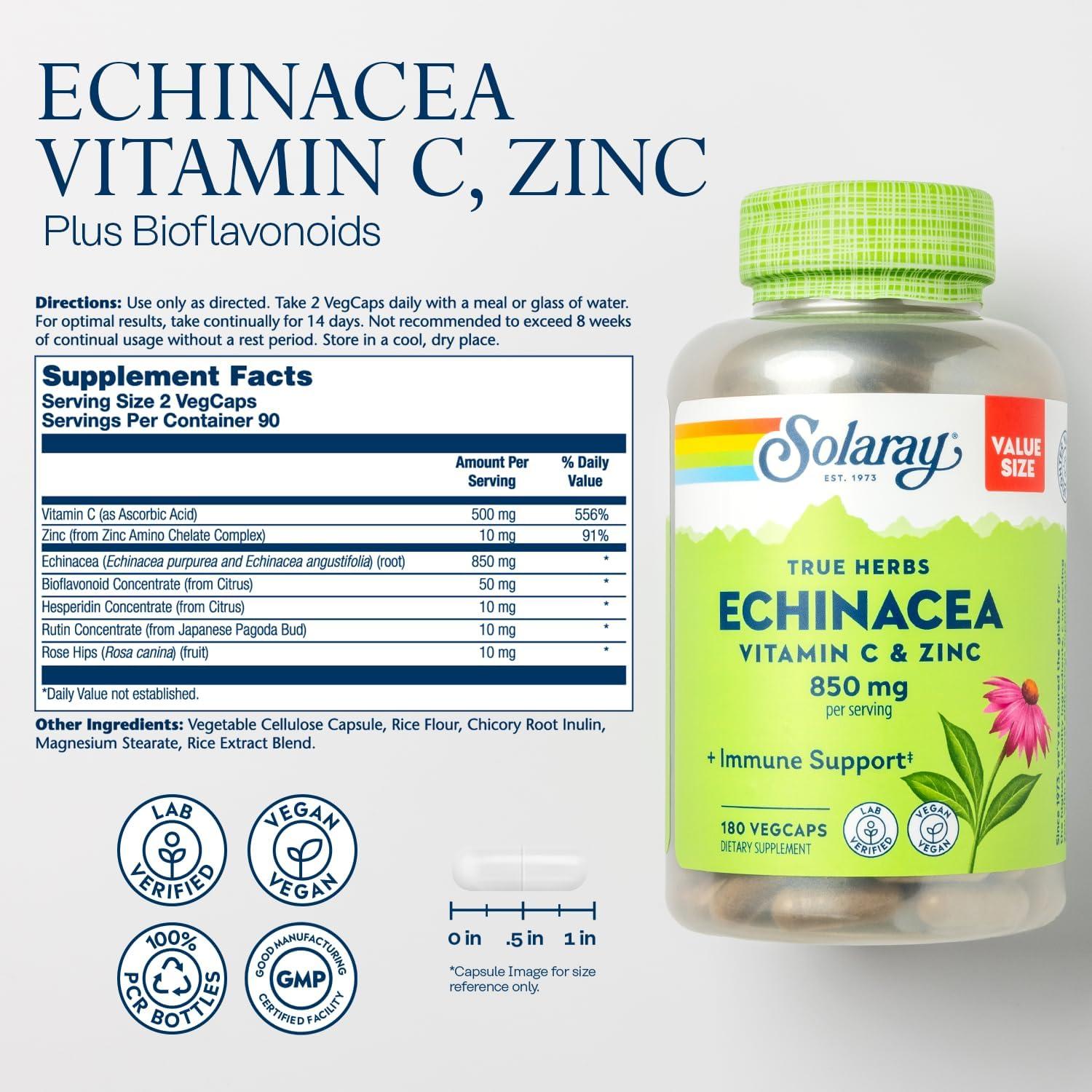 Solaray Echinacea con Vitamina C y Zinc 850mg 180 VegCaps