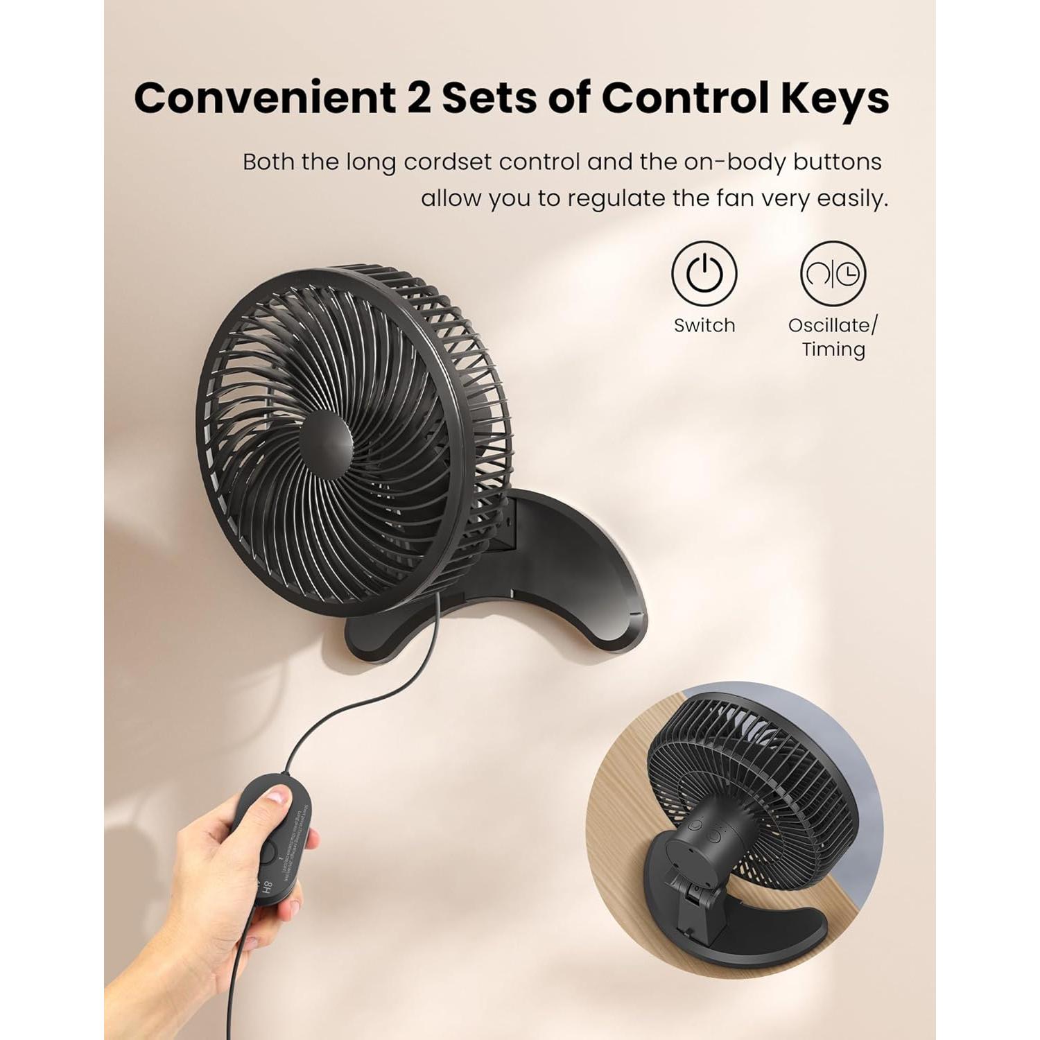 Koonie 8'' Wall Mount Fan, Quiet Small Wall Fan with Timer, 8.2ft Wired Remote, 80° Oscillation, 100° Adjustable, 3 Speeds High Velocity for RV Bedroom Kitchen Office Garage(Adapter Included)