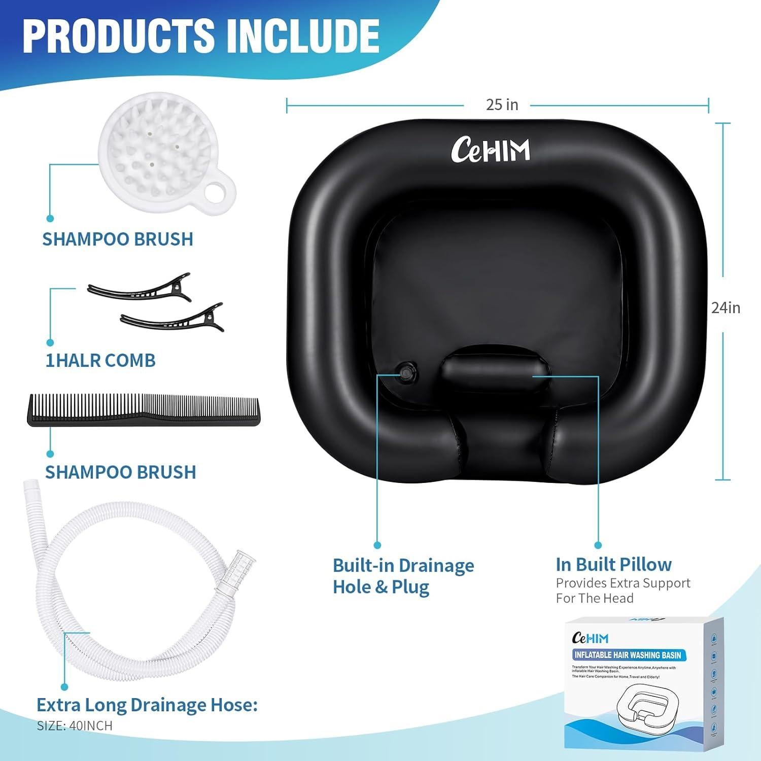 Basin de Champú Inflable Cehim 61x50x20 cm Negro Portátil