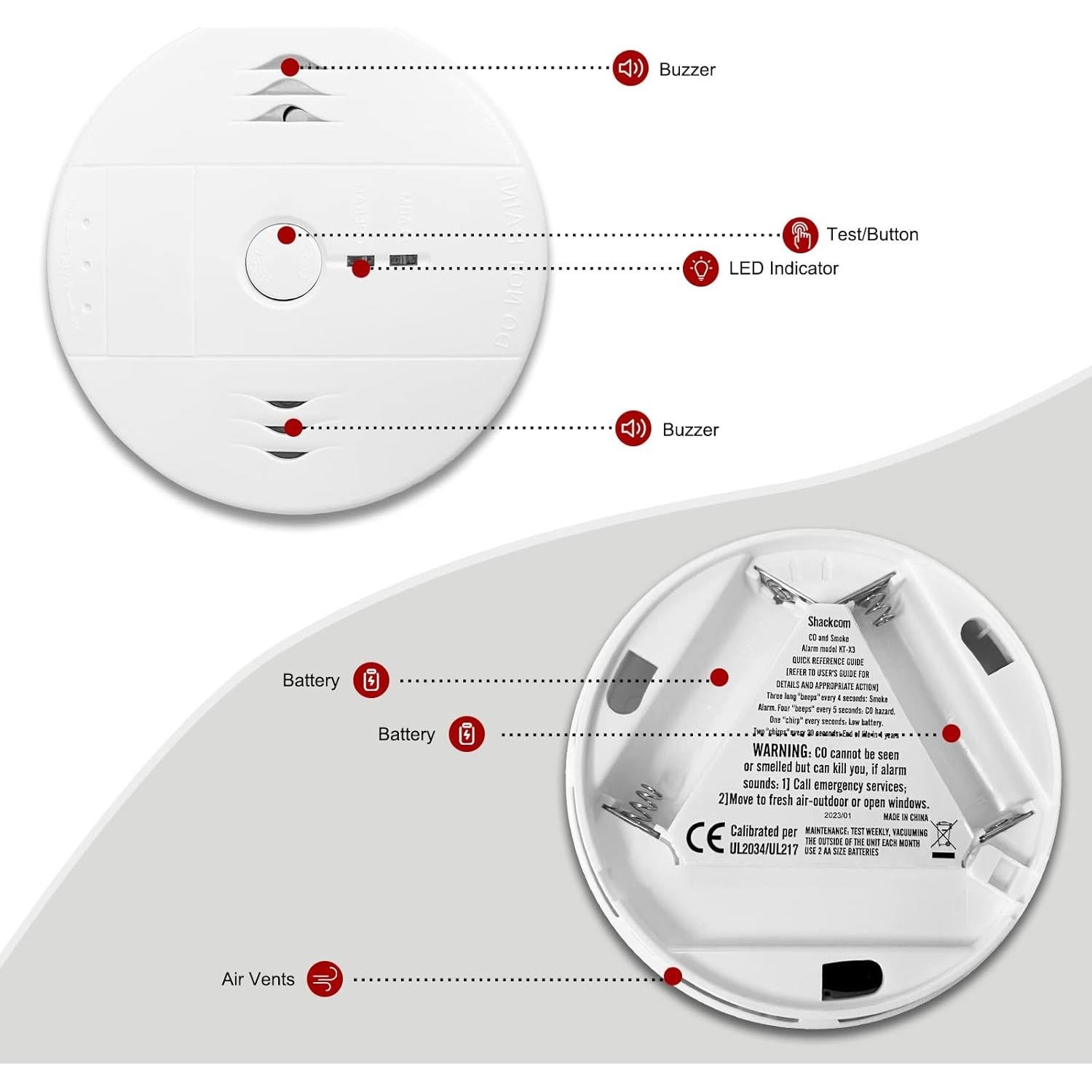 Detector de Humo y Monóxido Shackcom KT-X3 2 en 1 Batería