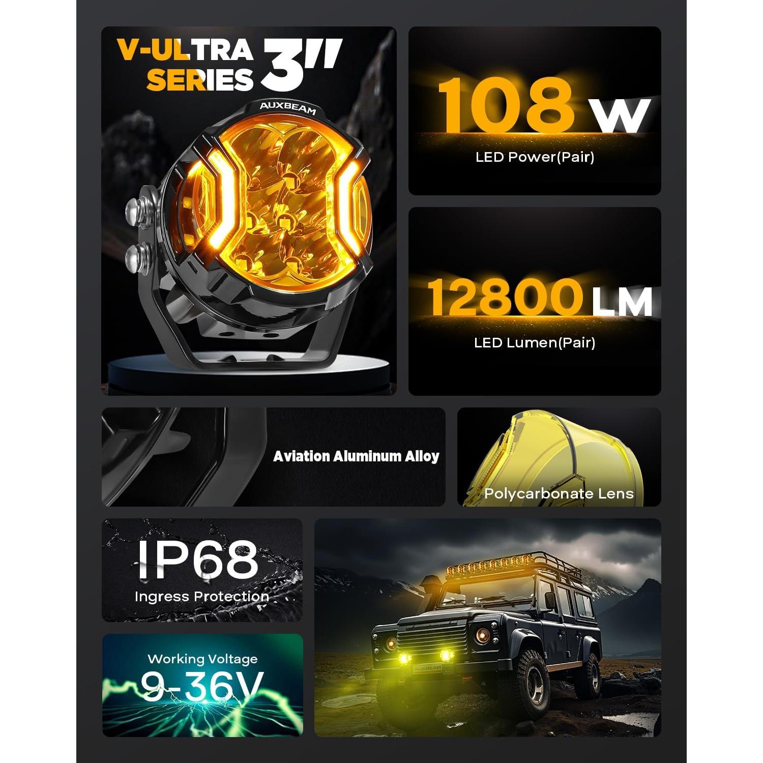 Luz de Niebla Auxbeam V-Ultra 3" 108W Ámbar DRL Offroad