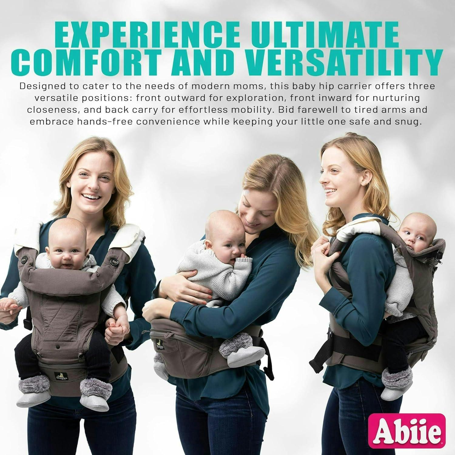 Portabebés Abiie HUGGS 3-en-1 Gris - Asiento de Cadera Ergonómico