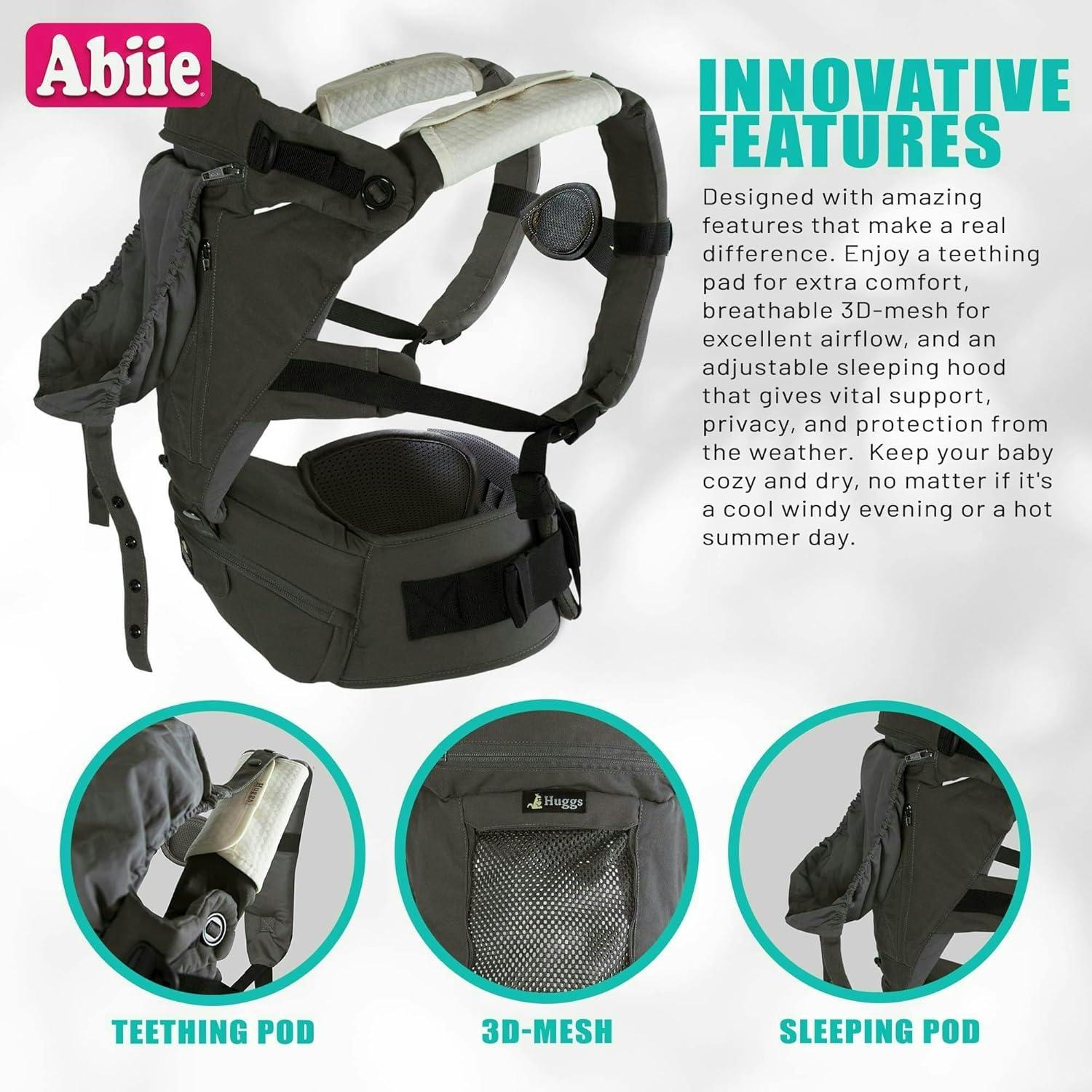 Portabebés Abiie HUGGS 3-en-1 Gris - Asiento de Cadera Ergonómico