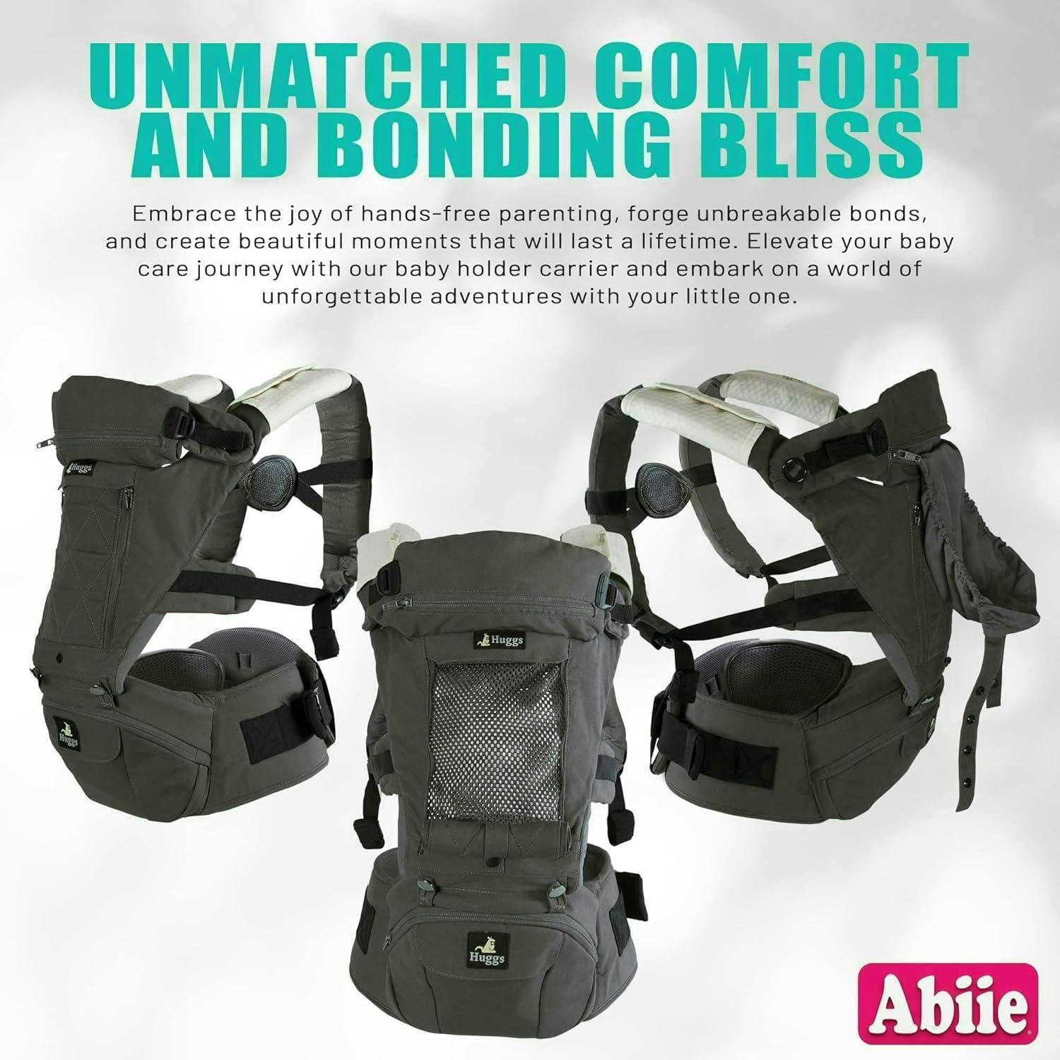 Portabebés Abiie HUGGS 3-en-1 Gris - Asiento de Cadera Ergonómico