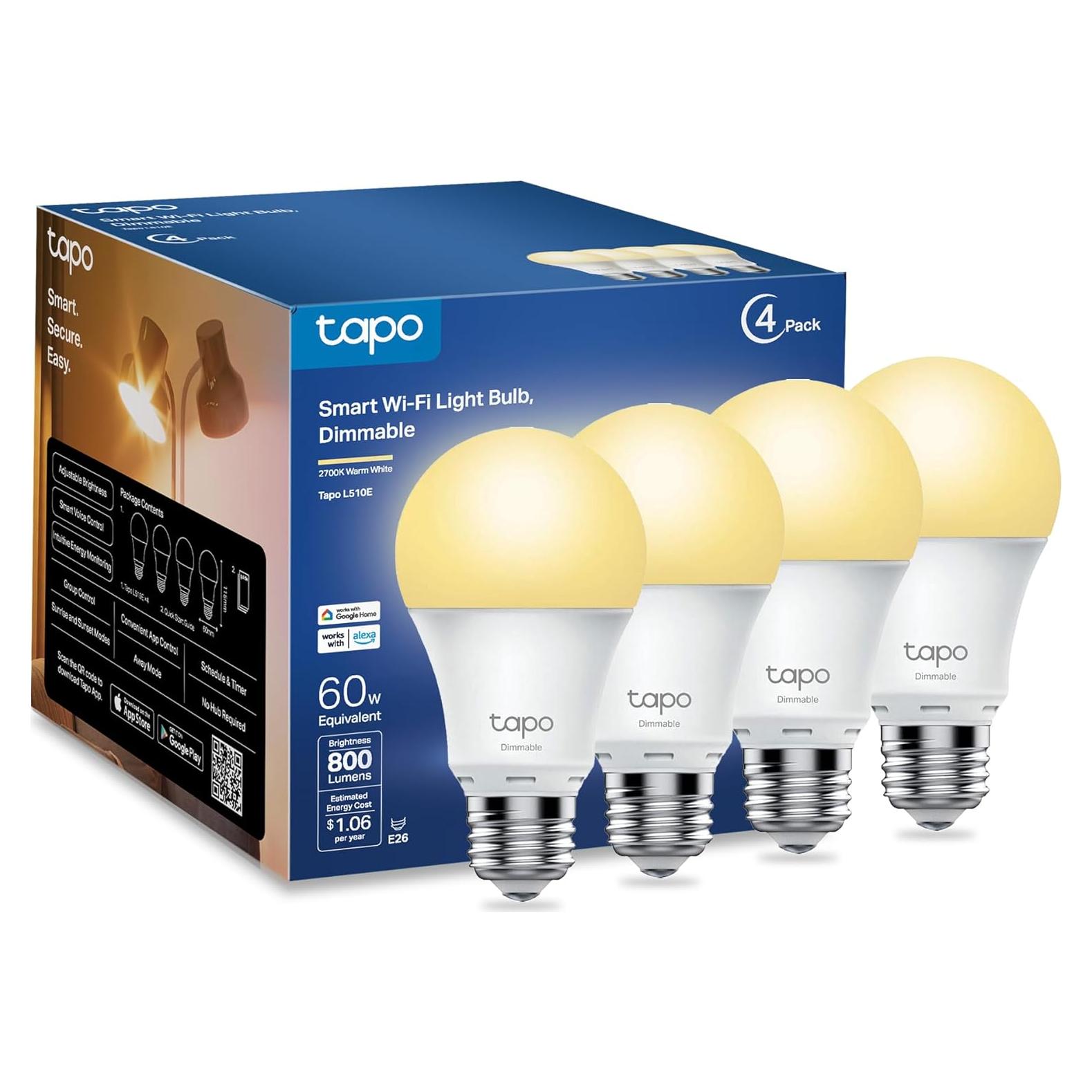 Bombillas Inteligentes Tapo TP-Link L510E, 800 Lúmenes, 2700K, 4 Pzas