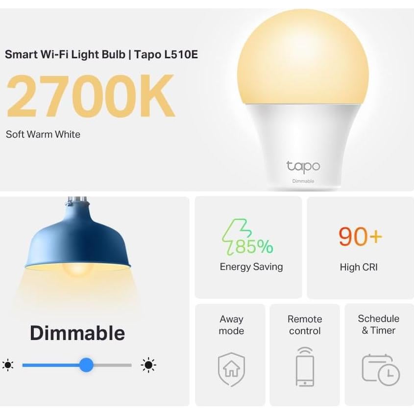 Bombillas Inteligentes Tapo TP-Link L510E, 800 Lúmenes, 2700K, 4 Pzas