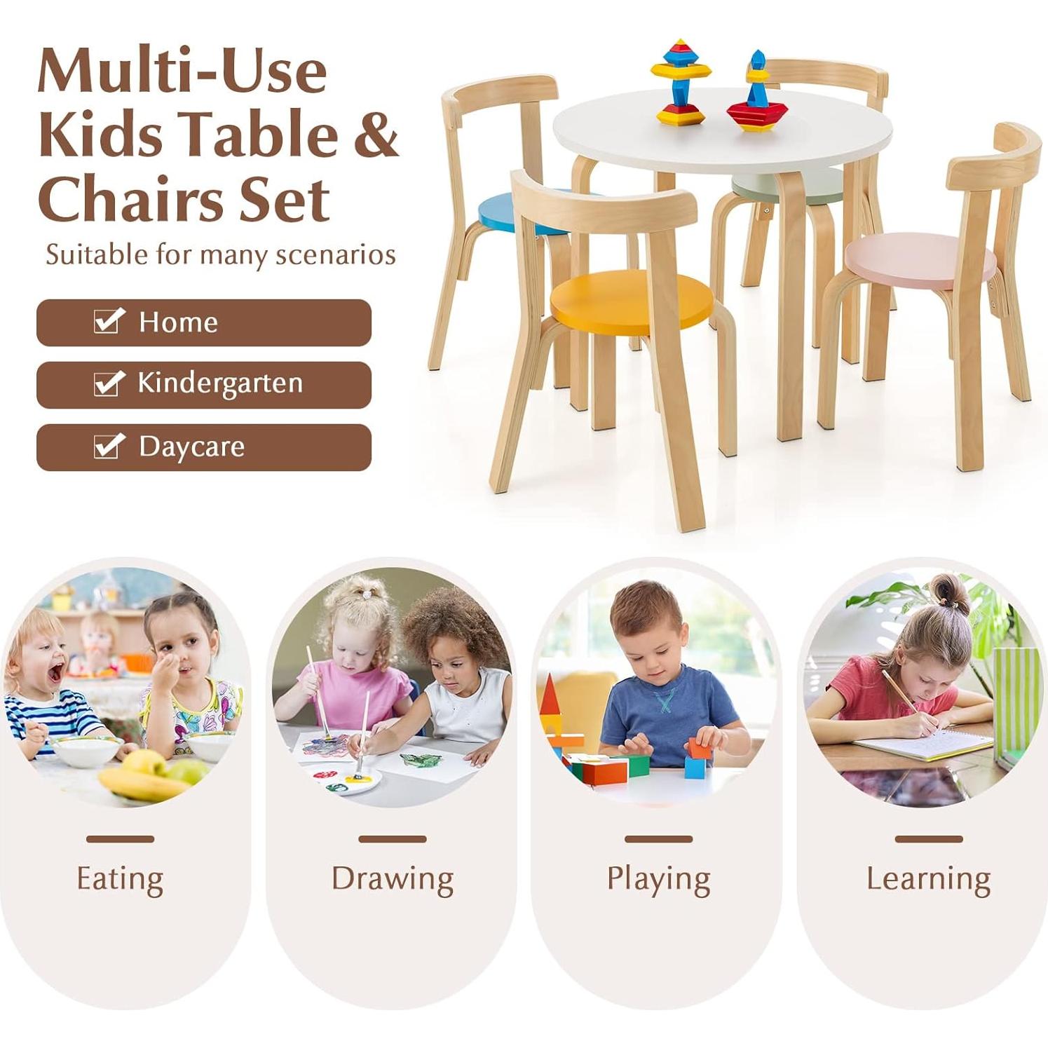 Conjunto de Mesa y Sillas para Niños Costzon 5 Piezas Madera