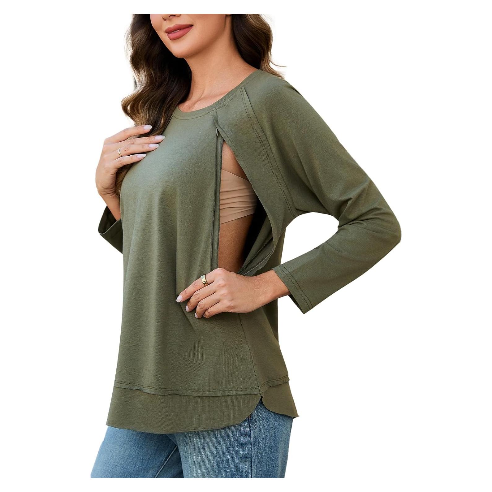Camisa de Lactancia Ecavus Verde Militar con Cremallera Larga