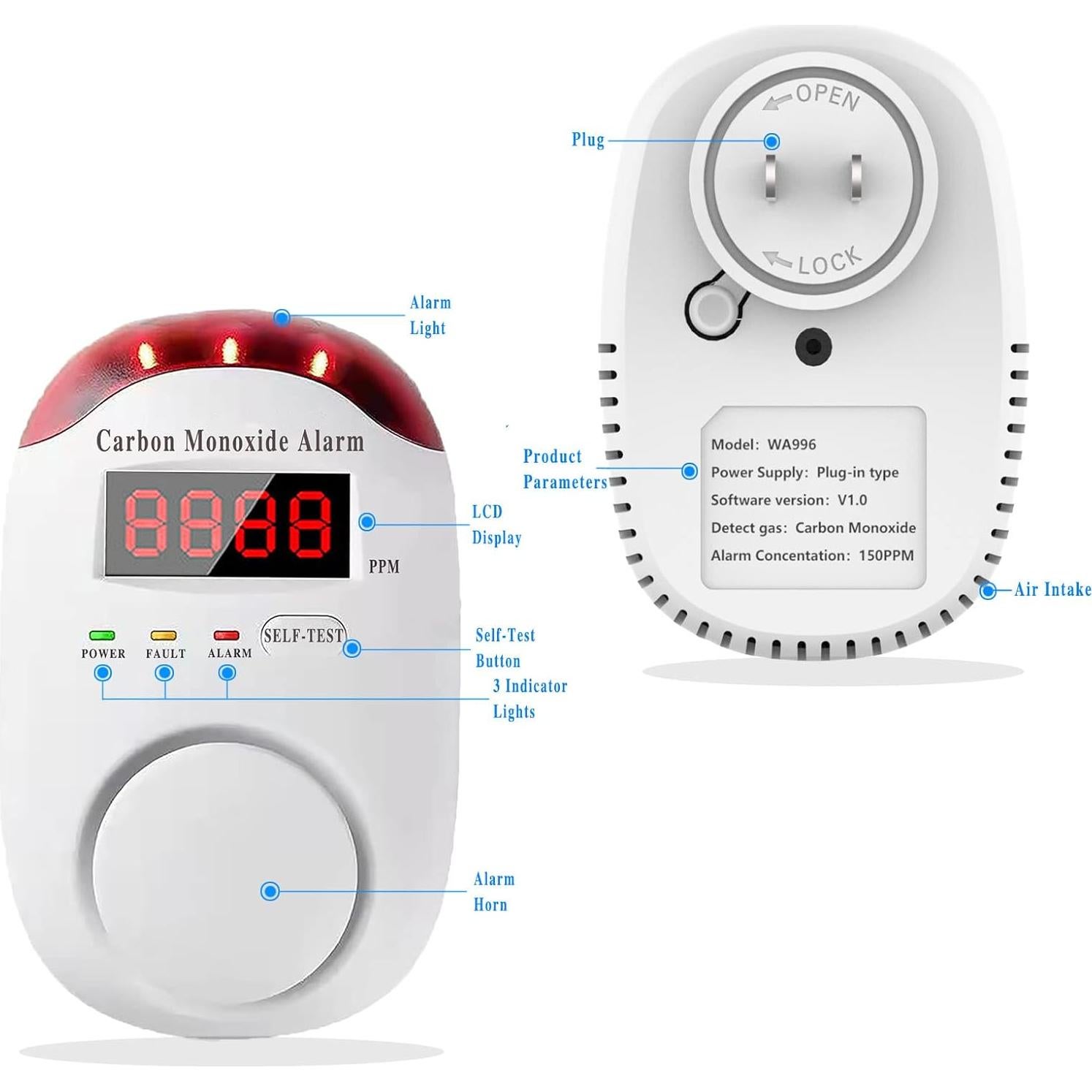 Detector de Monóxido de Carbono Colorwell WA996 LED 2 Pcs