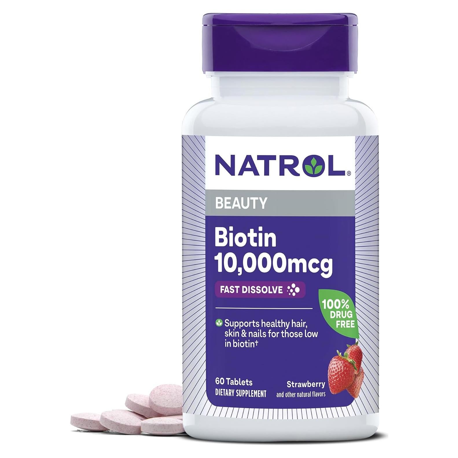 Suplemento de Biotina Natrol 10000mcg 60 Tabletas Sabor Fresa