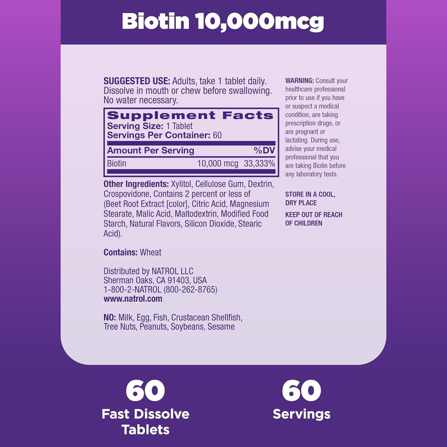 Suplemento de Biotina Natrol 10000mcg 60 Tabletas Sabor Fresa
