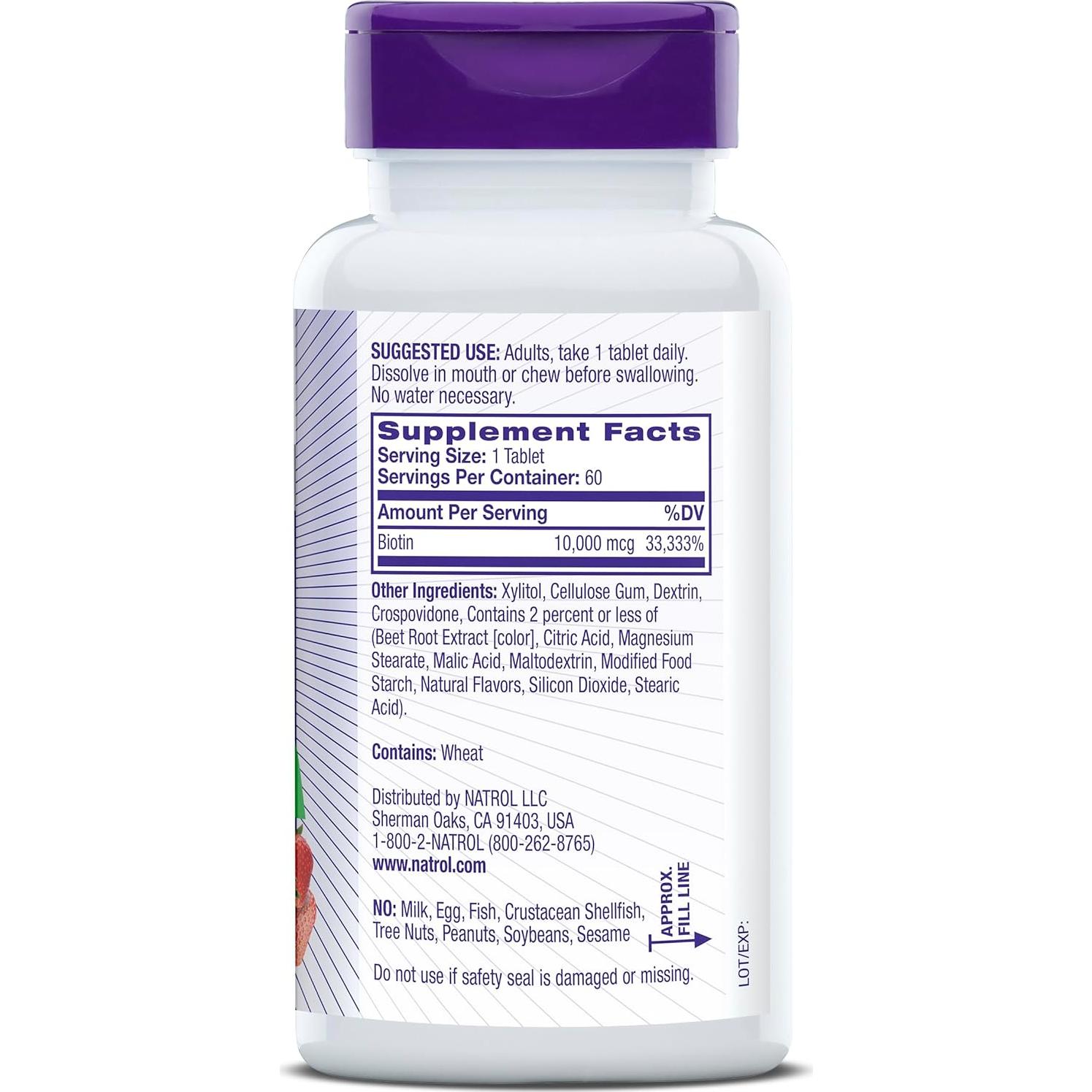 Suplemento de Biotina Natrol 10000mcg 60 Tabletas Sabor Fresa