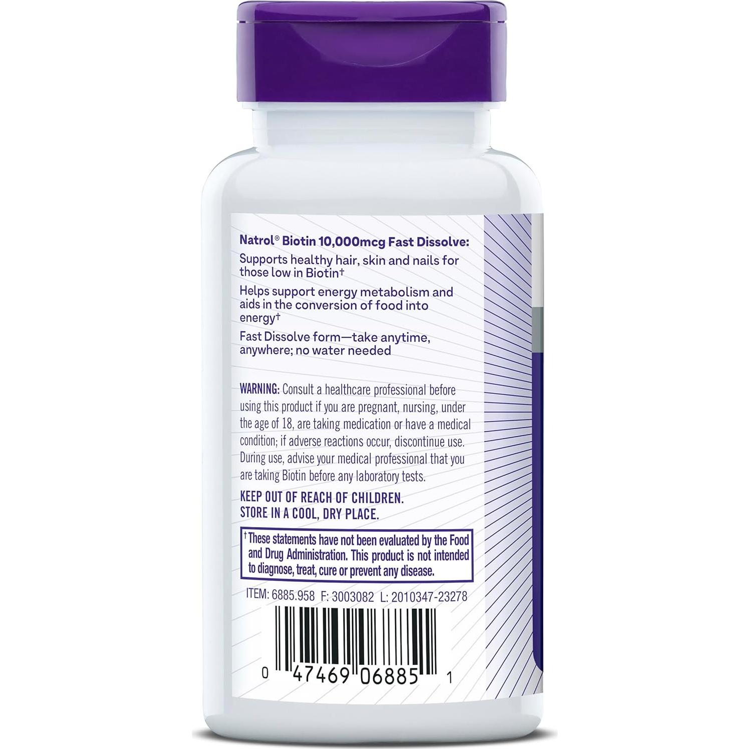 Suplemento de Biotina Natrol 10000mcg 60 Tabletas Sabor Fresa