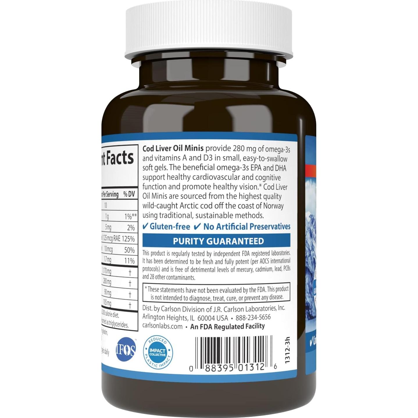 Carlson Aceite de Hígado de Bacalao 250 Mini Gelatinas 280 mg Omega-3