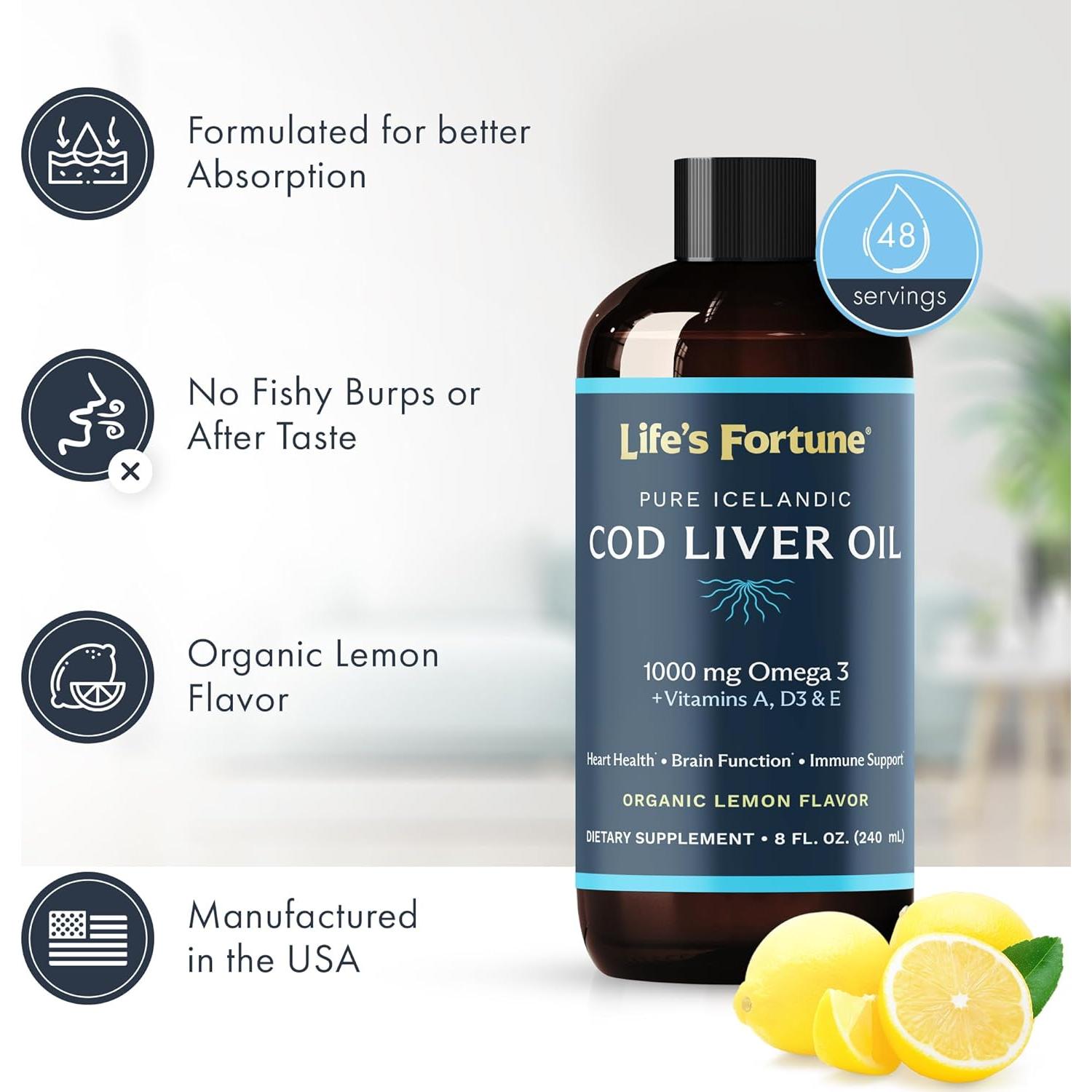 Aceite de Hígado de Bacalao Orgánico 240 ml Sabor Limón - 1000 mg Omega 3