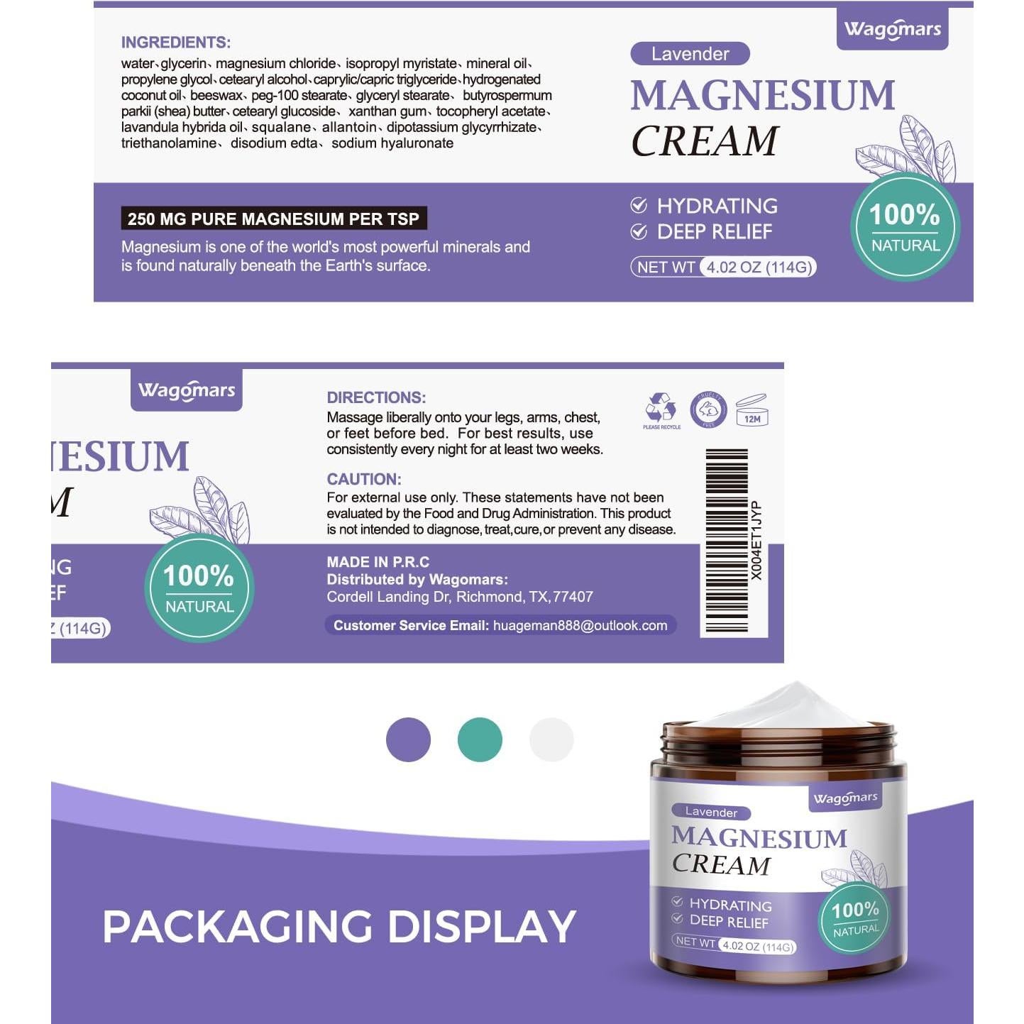 Crema de Magnesio Natural Wagomars 113g - Relajación Muscular Lavanda