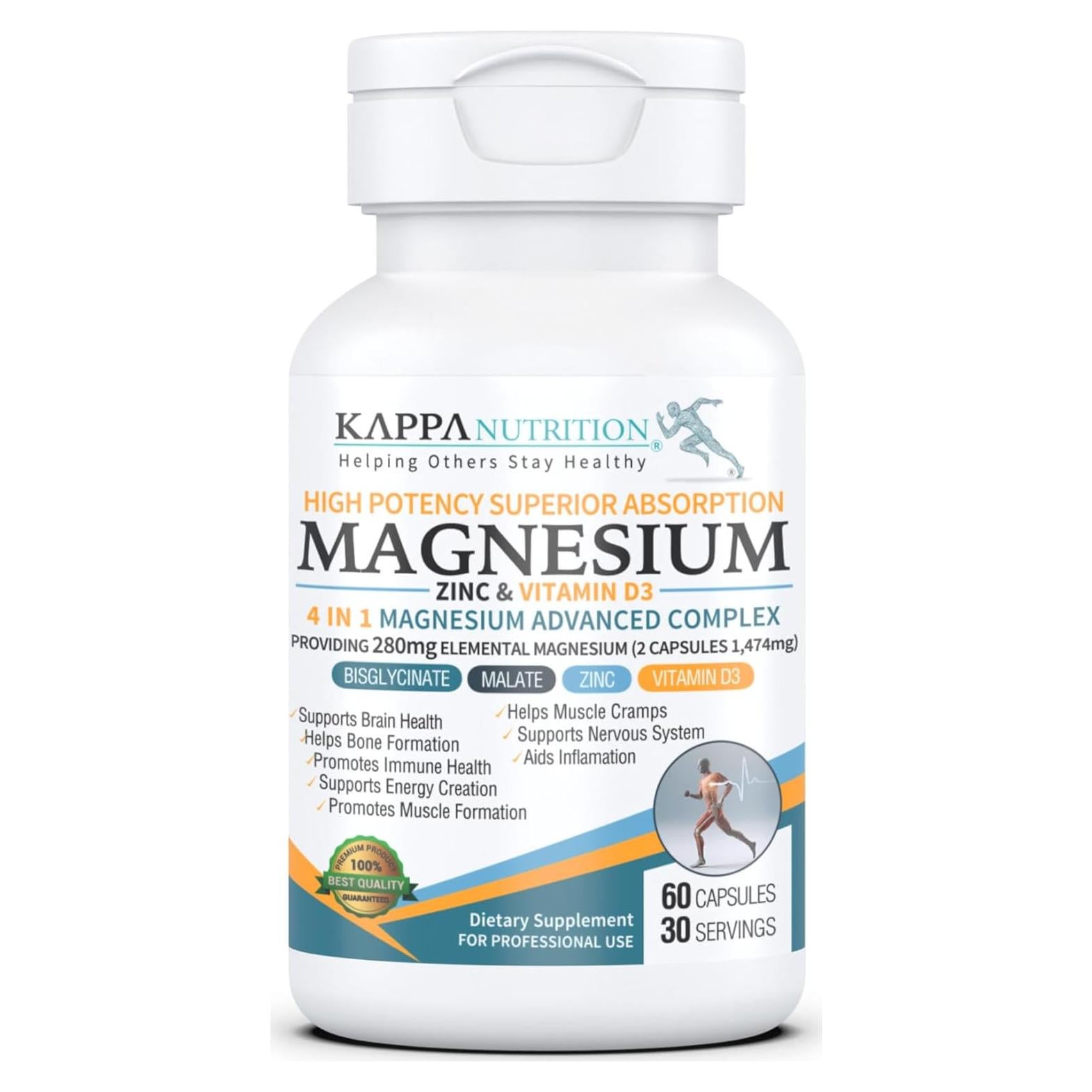 Kappa Nutrition Magnesio 4-en-1 280mg + Zinc y Vitamina D3 - 60 Cápsulas Veganas