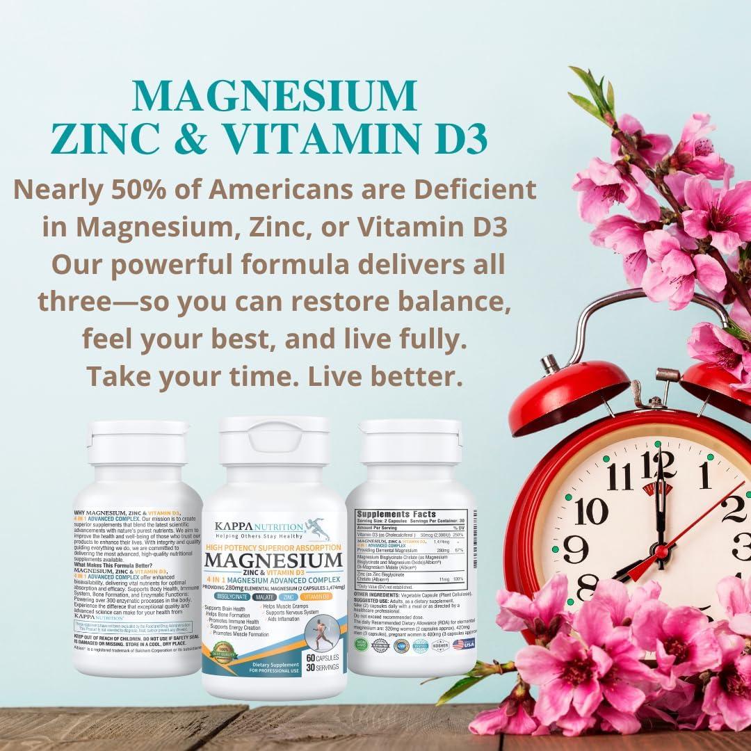 Kappa Nutrition Magnesio 4-en-1 280mg + Zinc y Vitamina D3 - 60 Cápsulas Veganas