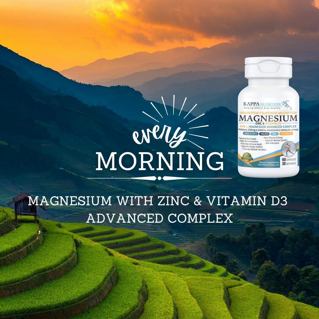 Kappa Nutrition Magnesio 4-en-1 280mg + Zinc y Vitamina D3 - 60 Cápsulas Veganas