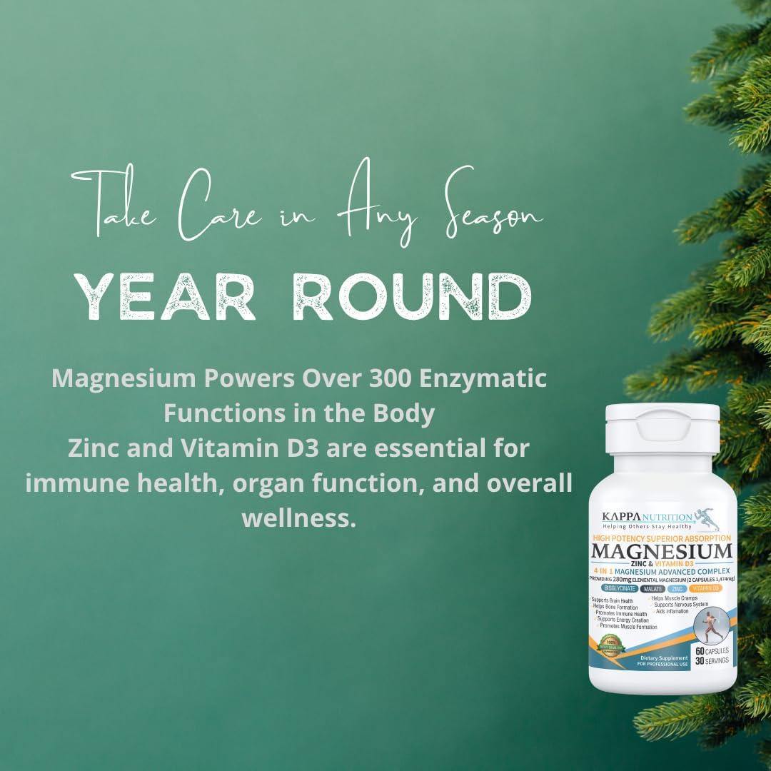 Kappa Nutrition Magnesio 4-en-1 280mg + Zinc y Vitamina D3 - 60 Cápsulas Veganas