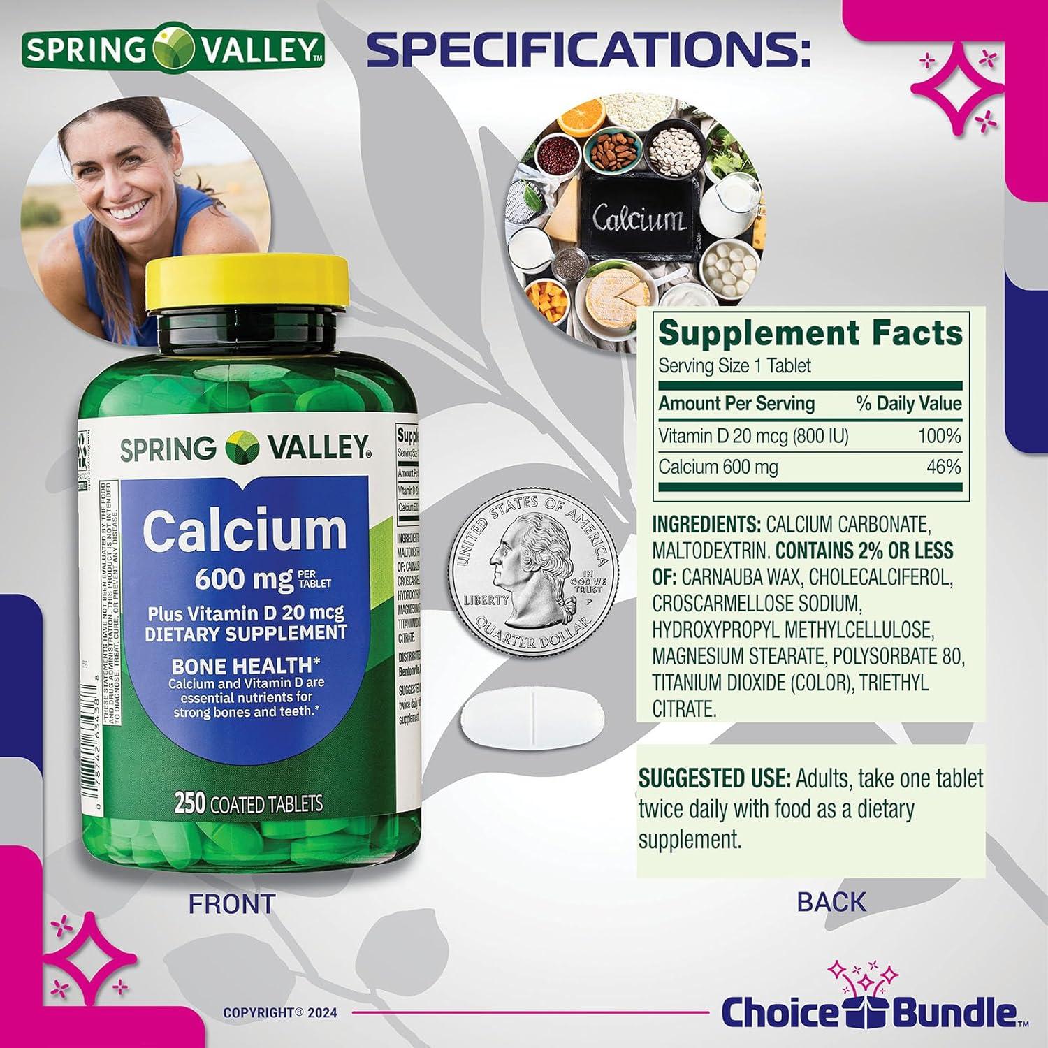Tabletas de Calcio Plus Vitamina D Spring Valley 600 mg 500 Ct