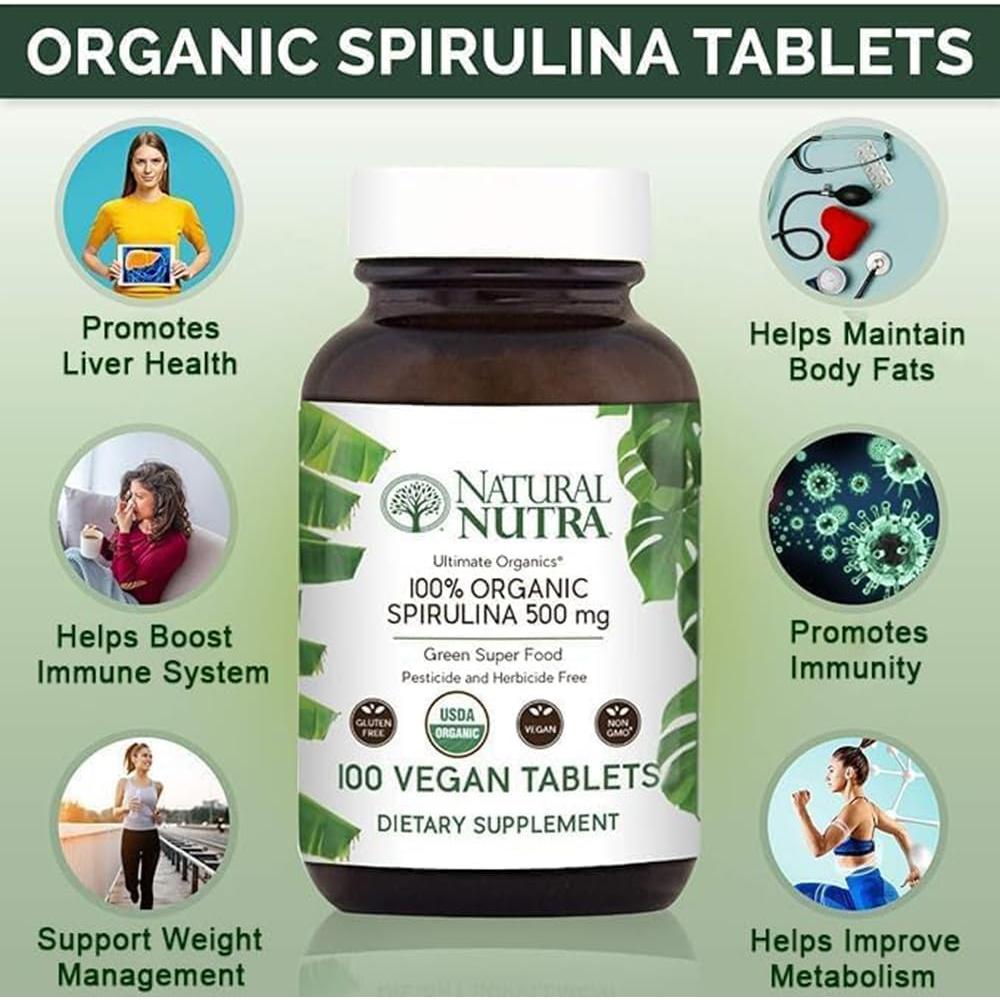 Tabletas de Espirulina Natural Nutra 100% Orgánicas 300mg 100 Unidades
