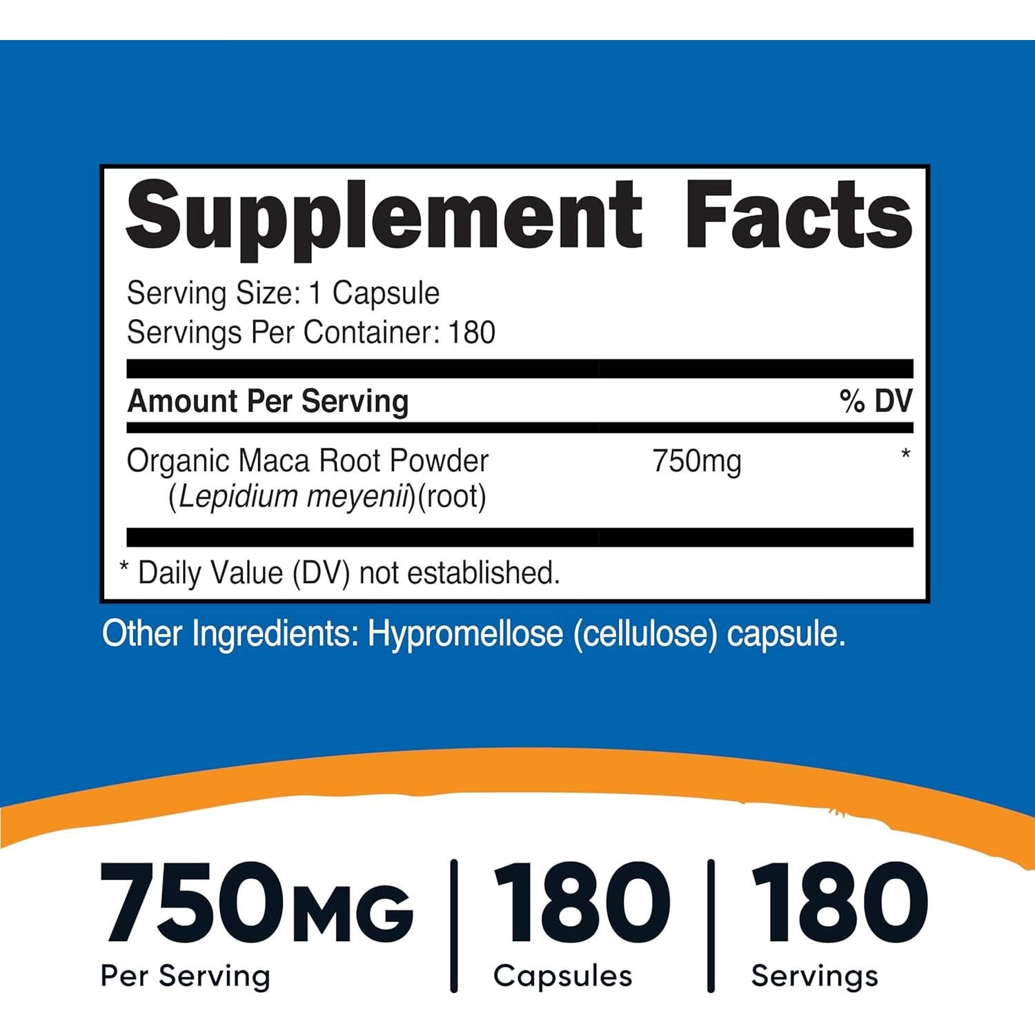 Cápsulas de raíz de maca Nutricost 750mg 180 unidades