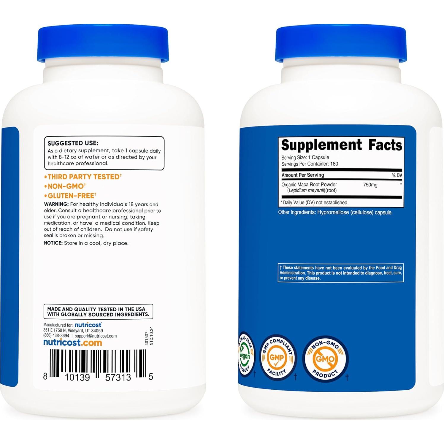 Cápsulas de raíz de maca Nutricost 750mg 180 unidades