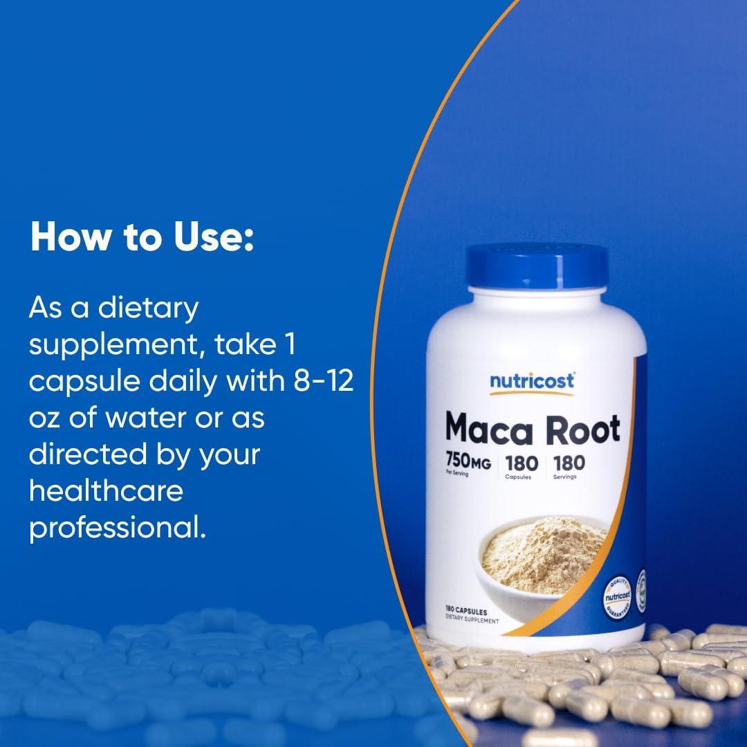 Cápsulas de raíz de maca Nutricost 750mg 180 unidades