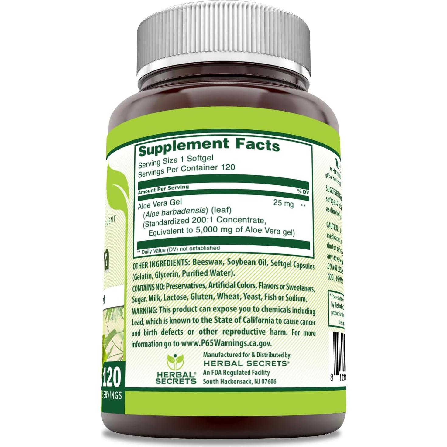 Suplemento de Aloe Vera Herbal Secrets 5000 Mg 120 Softgels