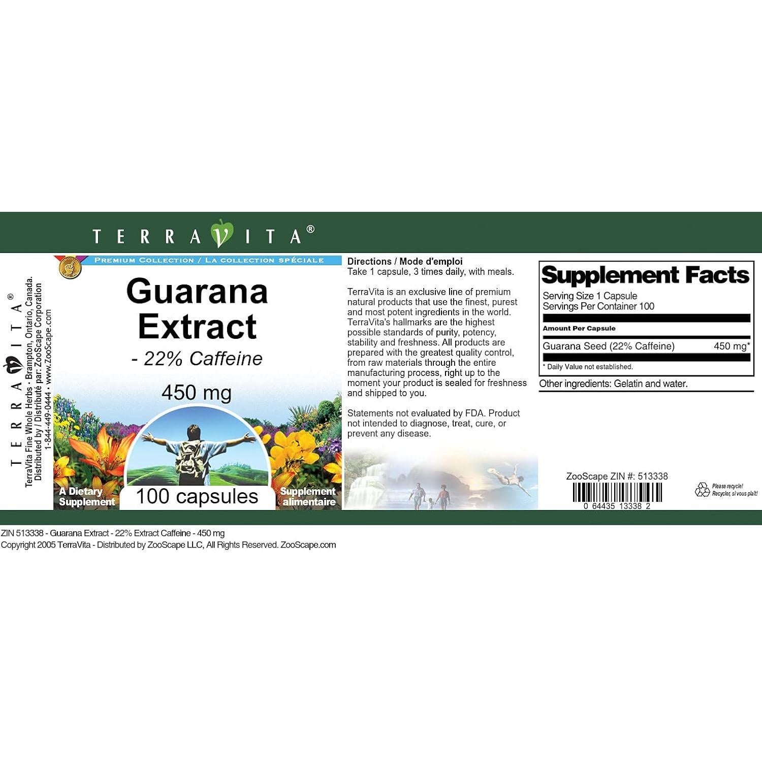 Extracto de Guaraná TerraVita 450 mg 100 Cápsulas 22% Cafeína