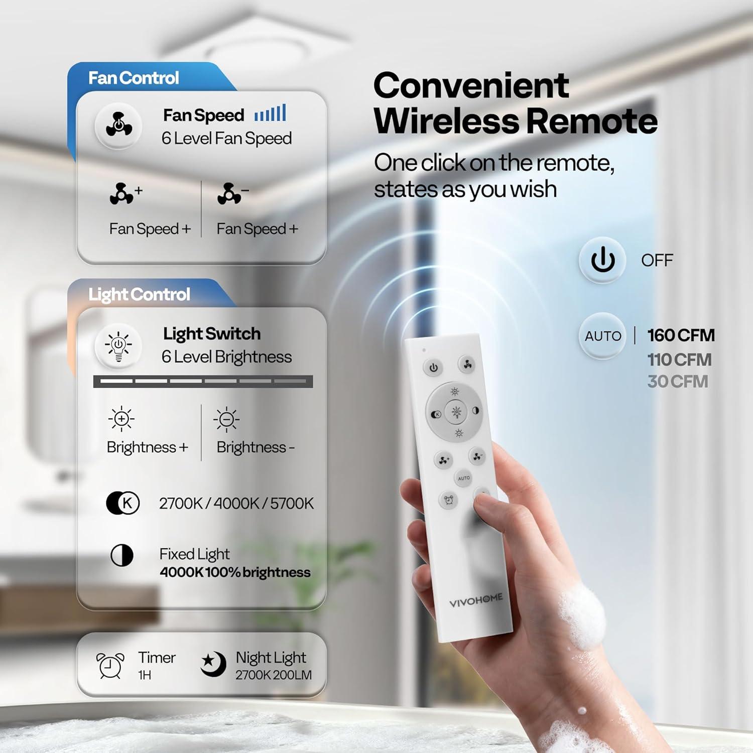 Ventilador Extractor de Baño VIVOHOME 3CCT Luz y 160 CFM