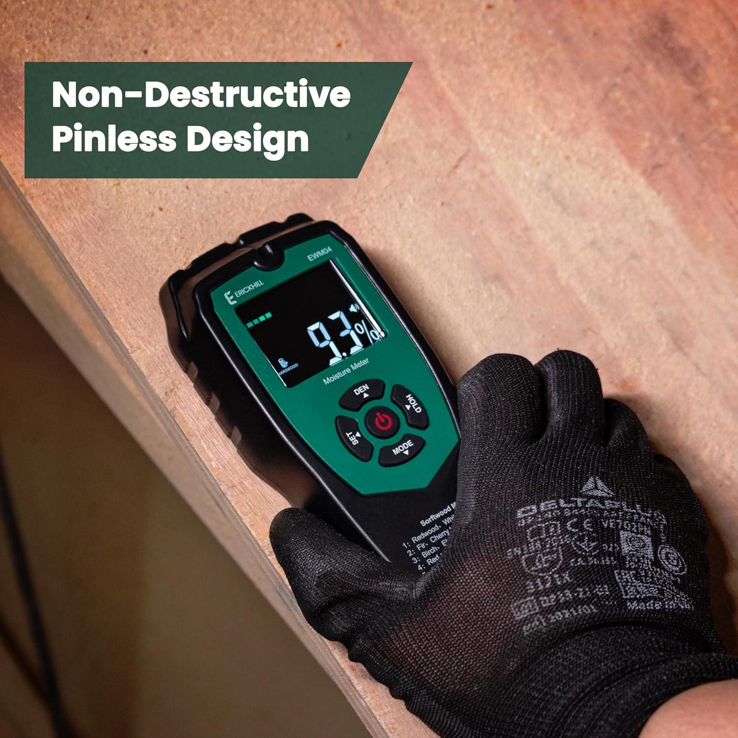 ERICKHILL Pinless Wood Moisture Meter, Non-Destructive Wall Moisture Meter for Drywall Masonry Building Material Dampness Inspection Mold Detector Device, Detects up to 2-inch Below Surface