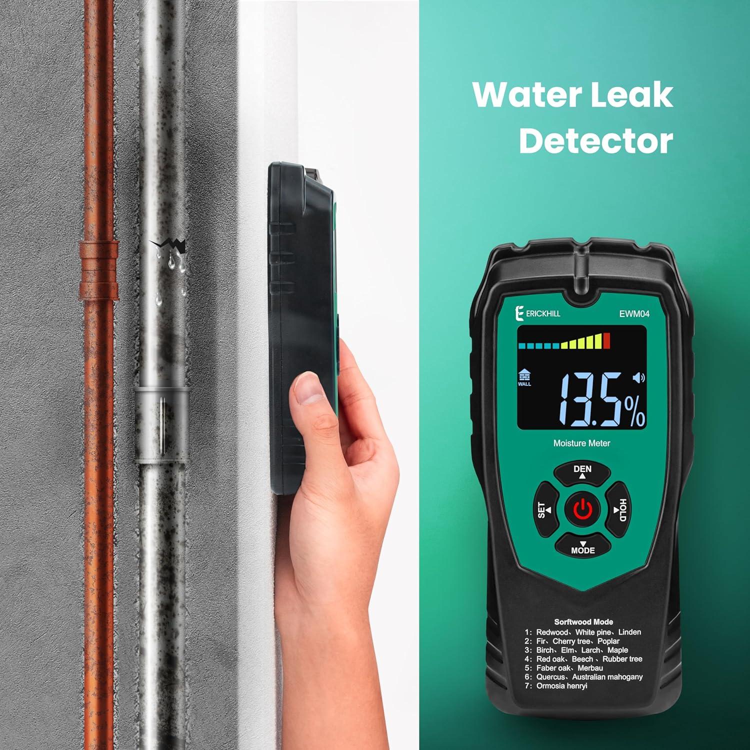 ERICKHILL Pinless Wood Moisture Meter, Non-Destructive Wall Moisture Meter for Drywall Masonry Building Material Dampness Inspection Mold Detector Device, Detects up to 2-inch Below Surface