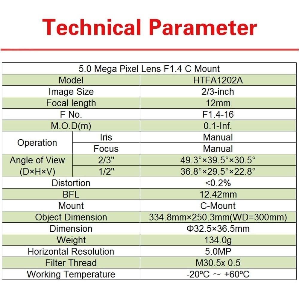 Lente Focal Fija 12mm C-Mount HUATENGVISON 2/3" Industrial