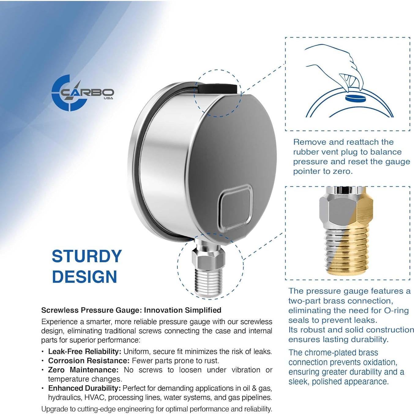 Manómetro CARBO Acero Inoxidable Doble Pantalla -30 kPa