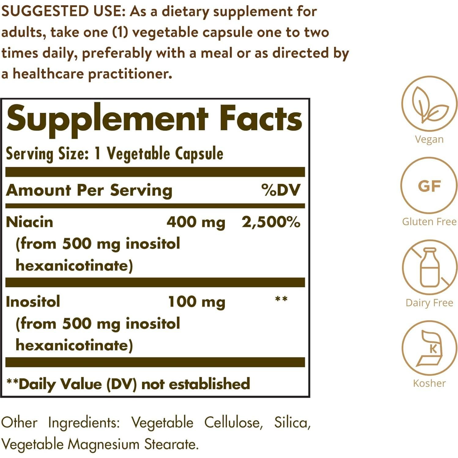 Solgar Niacina No-Flush 500 mg 250 Cápsulas Veganas - Metabolismo Energético